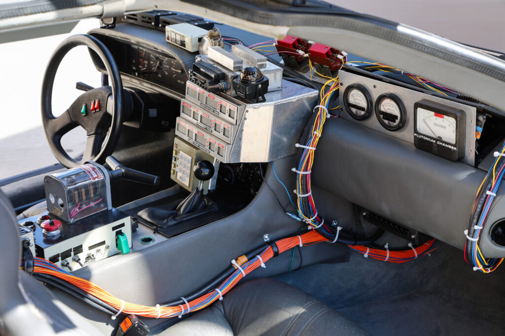 Picture of inside of the DeLorean time machine inspired by the iconic Back to the Future films.